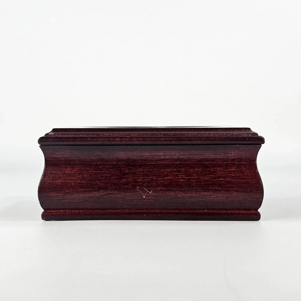 Vintage Wooden Heart Rose Etched Glass Jewelry Box Mahogany Tone Christmas 2000